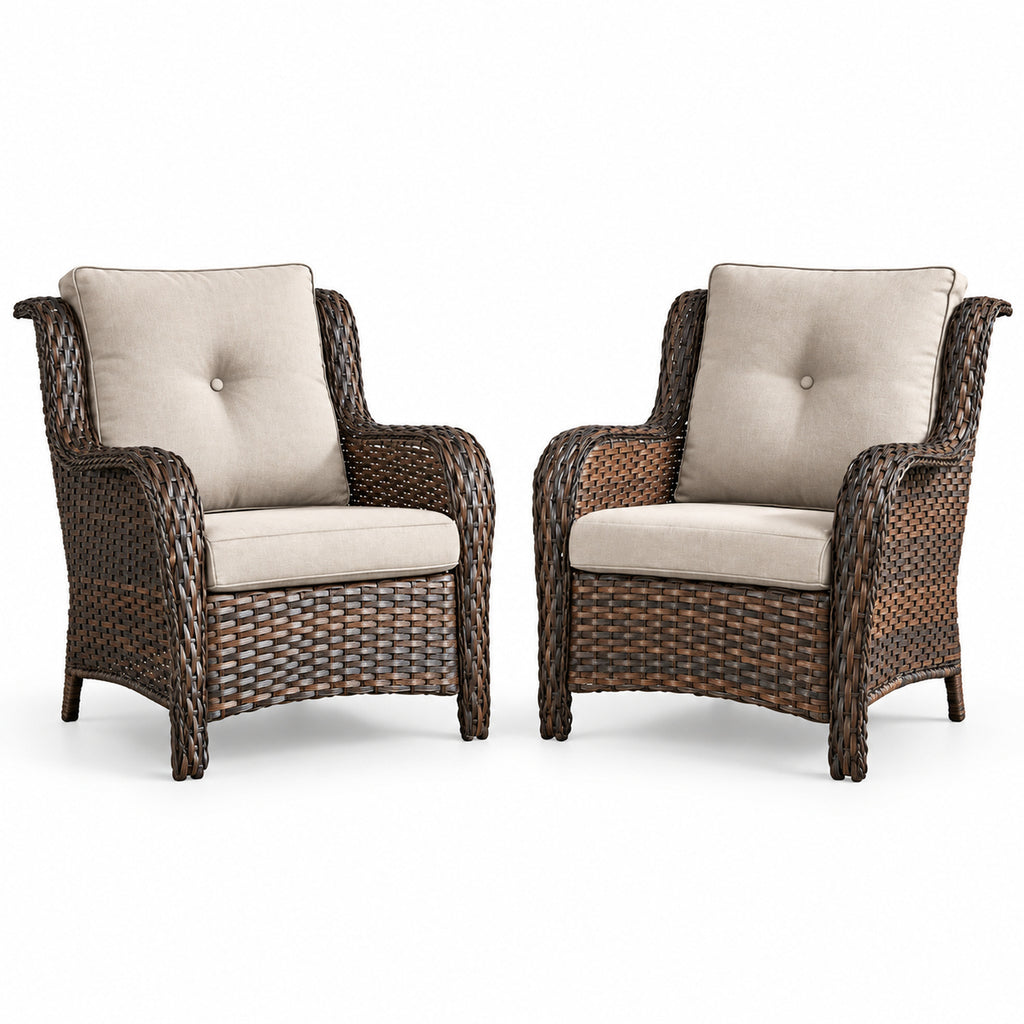 High-Back Wicker Patio Chairs with Beige Cushions, Set of 2
