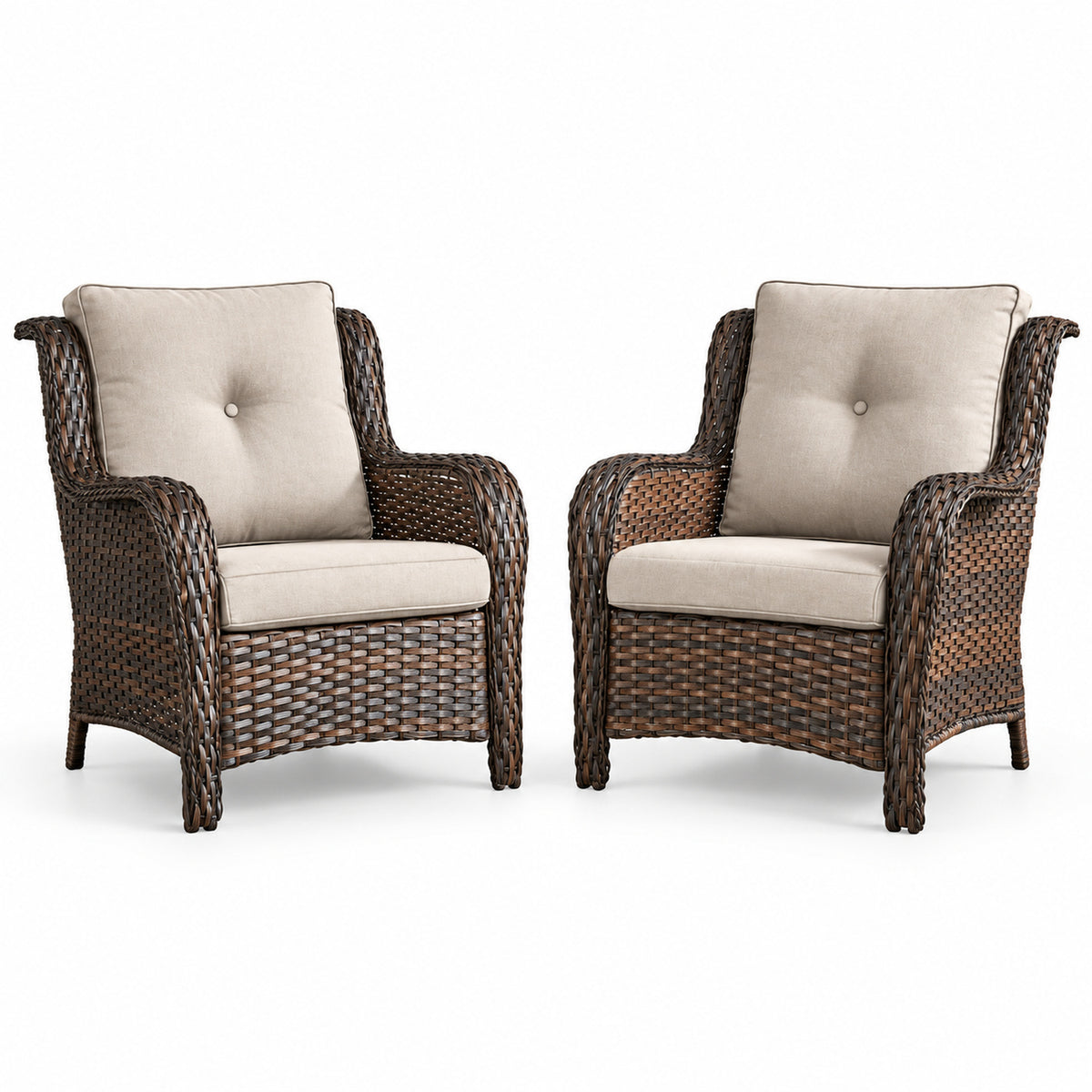 High-Back Wicker Patio Chairs with Beige Cushions, Set of 2