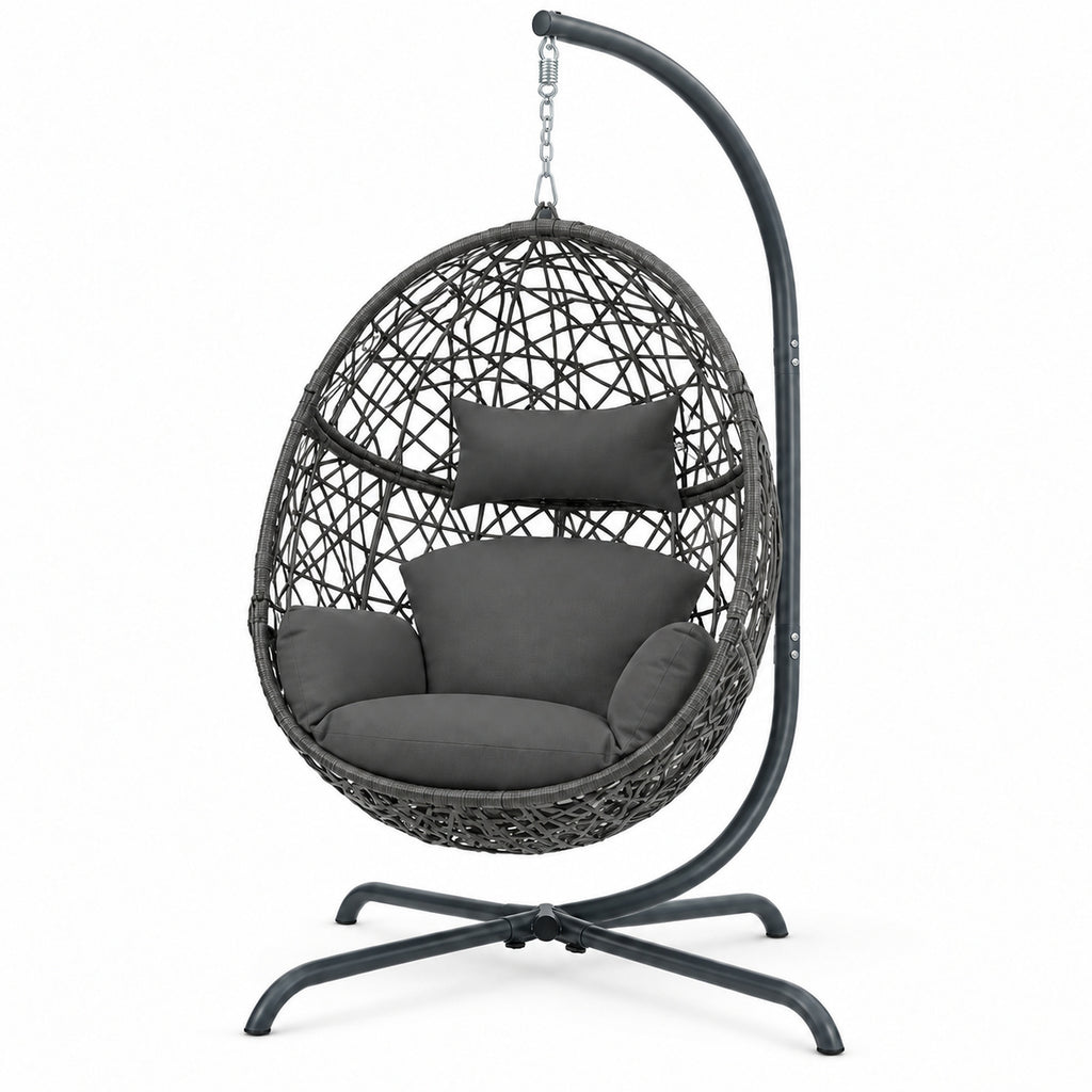 Dark Gray Woven Egg Chair with Stand and Cushion