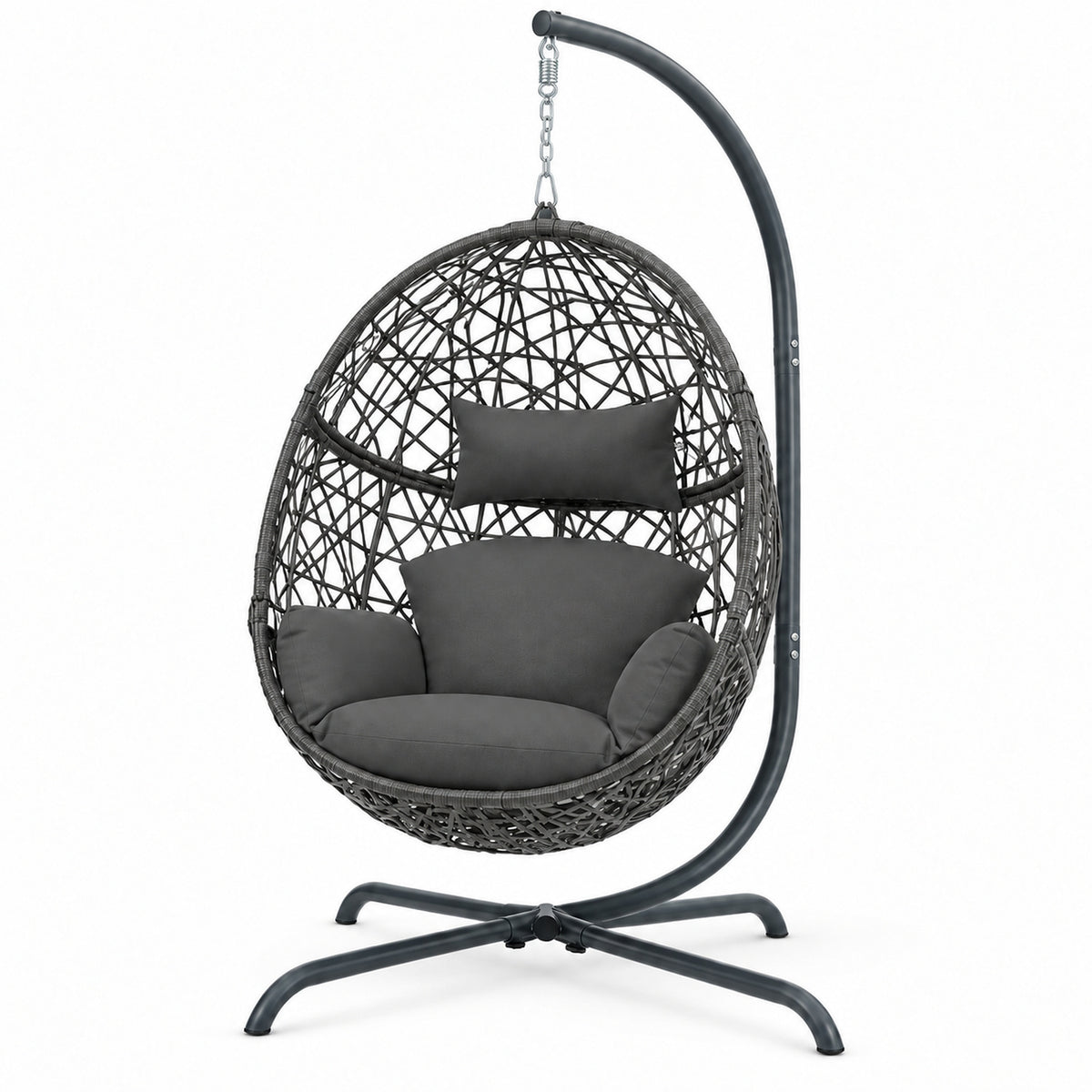 Dark Gray Woven Egg Chair with Stand and Cushion