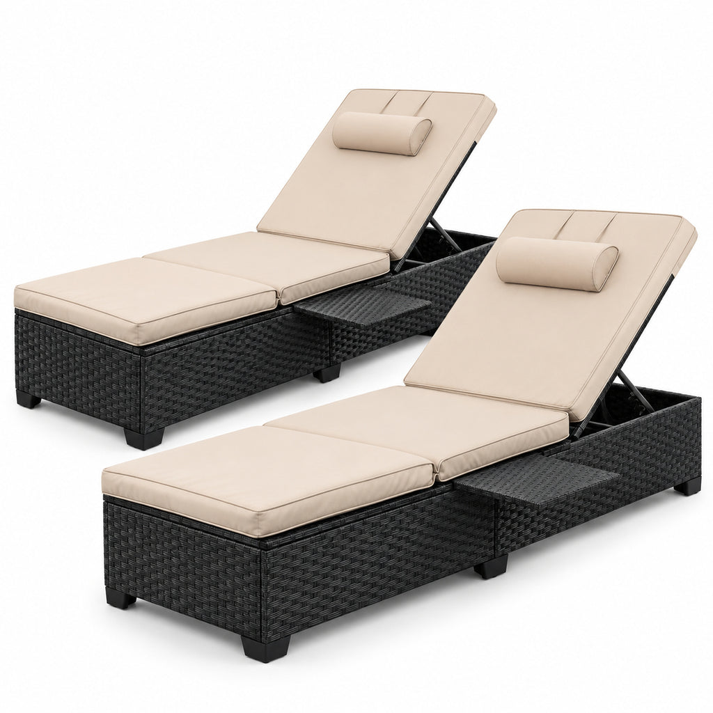 Black Wicker Chaise Lounges with Khaki Cushions, Set of 2