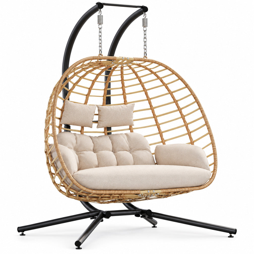 Beige Double Hanging Egg Chair with Stand and Cushions