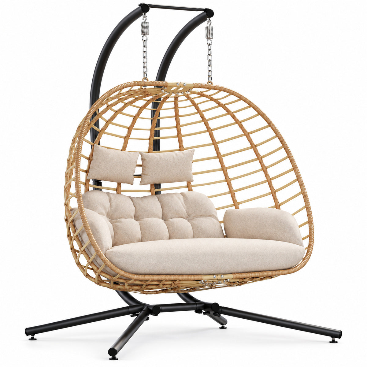 Beige Double Hanging Egg Chair with Stand and Cushions