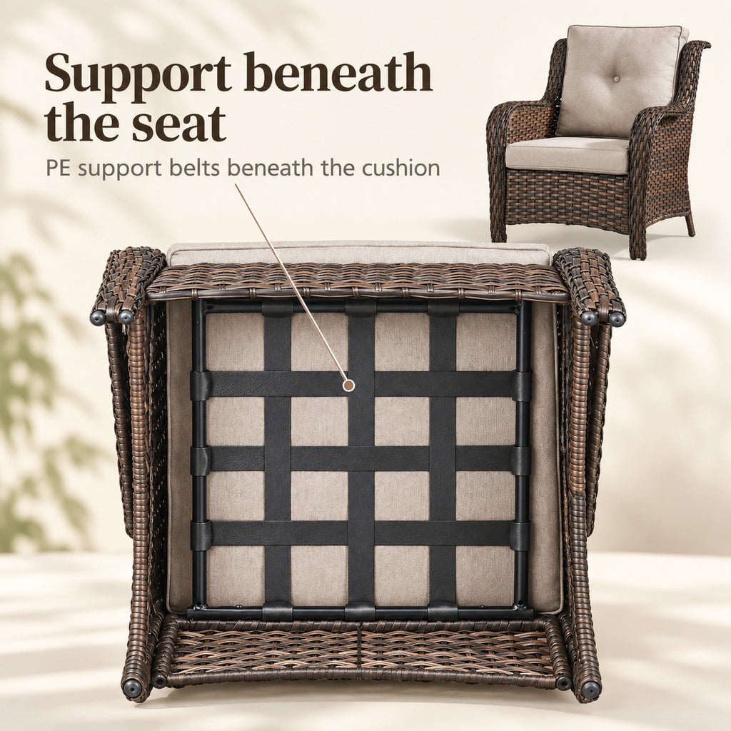 High-Back Wicker Patio Chairs with Beige Cushions, Set of 2