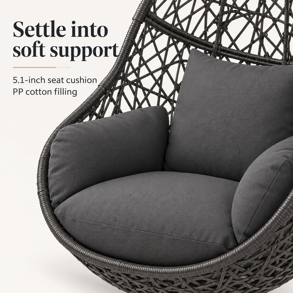 Dark Gray Woven Egg Chair with Stand and Cushion