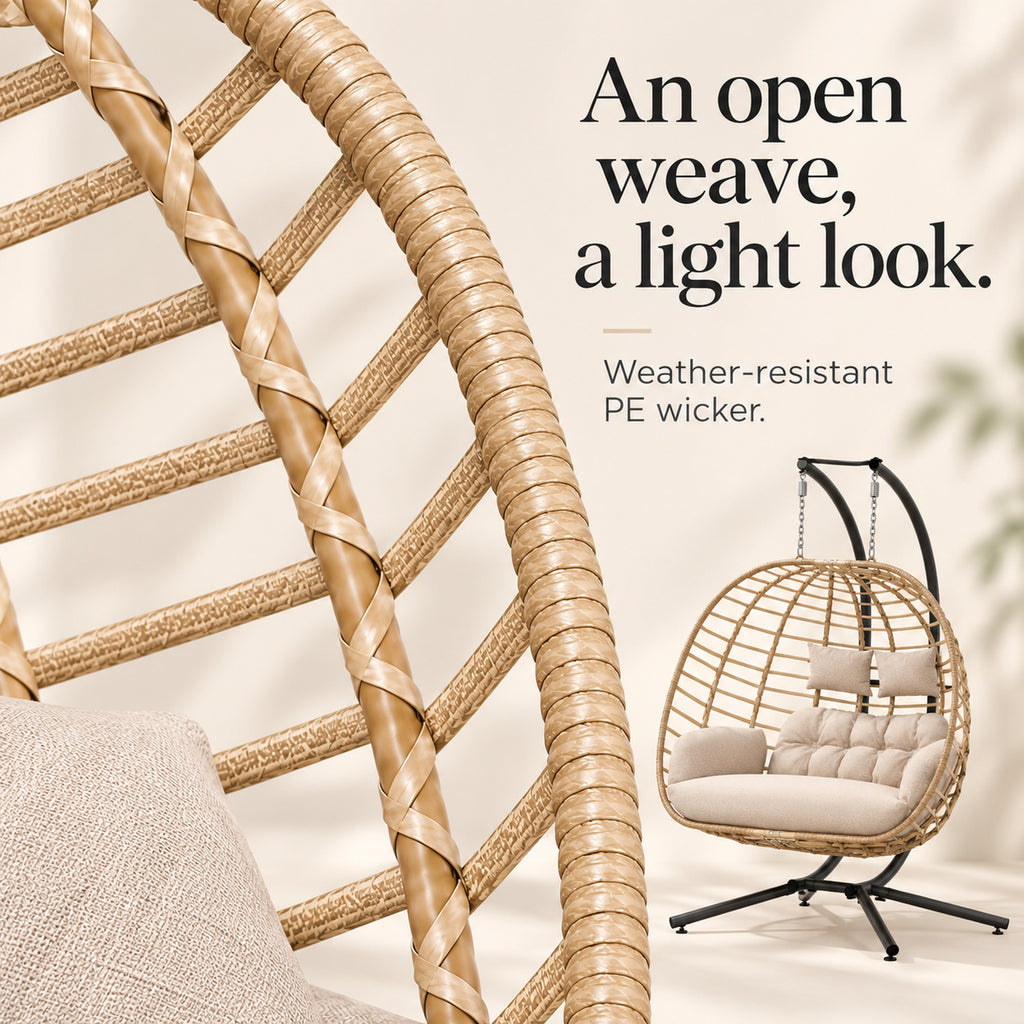 Beige Double Hanging Egg Chair with Stand and Cushions