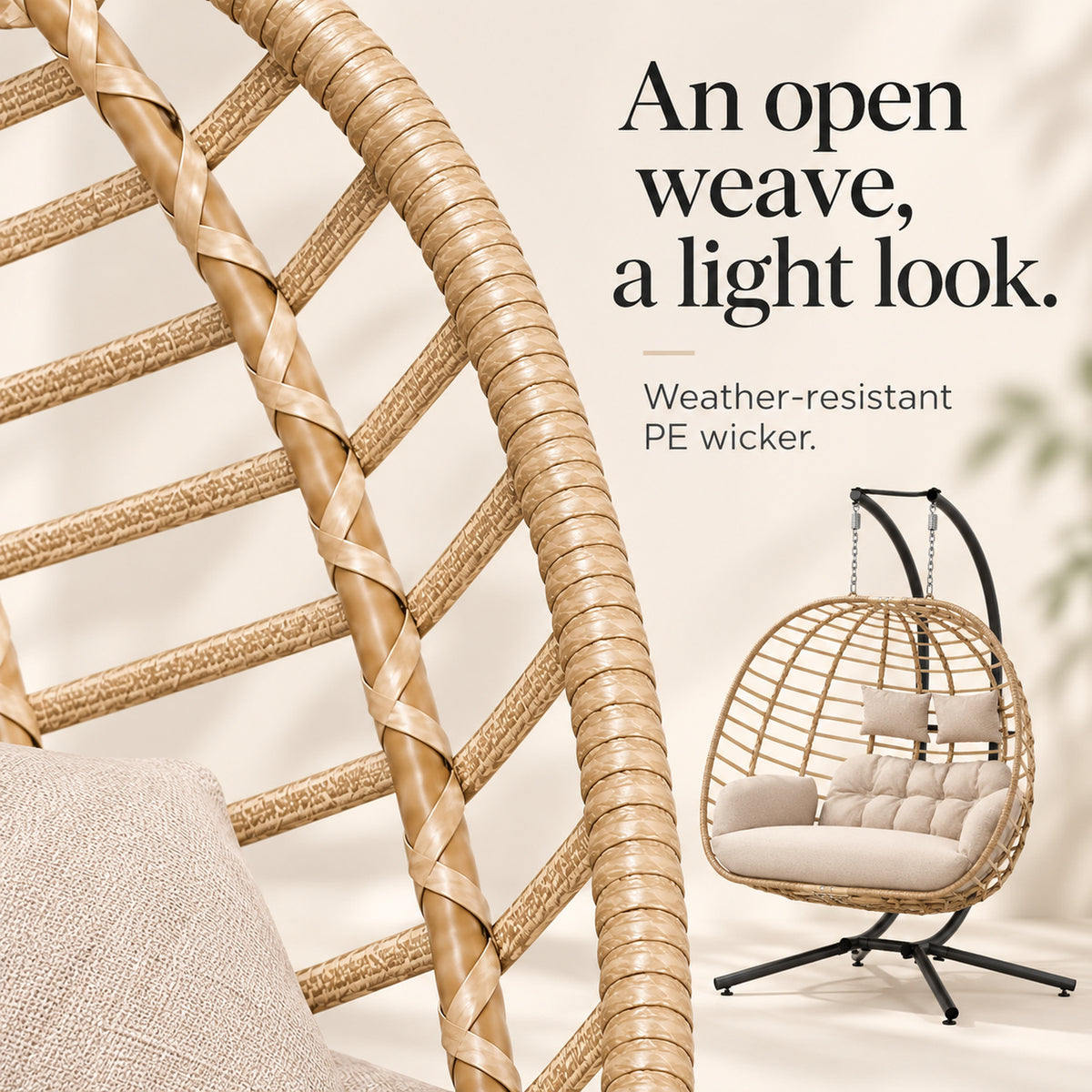 Beige Double Hanging Egg Chair with Stand and Cushions