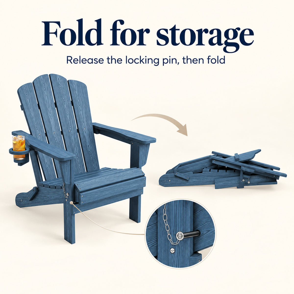 Navy Folding Adirondack Chairs with Cup Holders, Set of 2