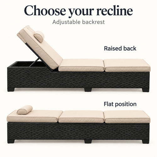 Black Wicker Chaise Lounges with Khaki Cushions, Set of 2