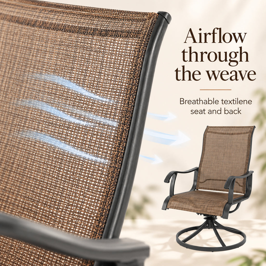 Brown Textilene Swivel Patio Chairs, Set of 2