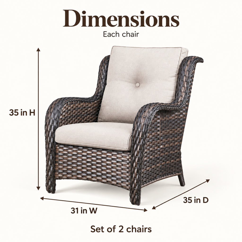 High-Back Wicker Patio Chairs with Beige Cushions, Set of 2