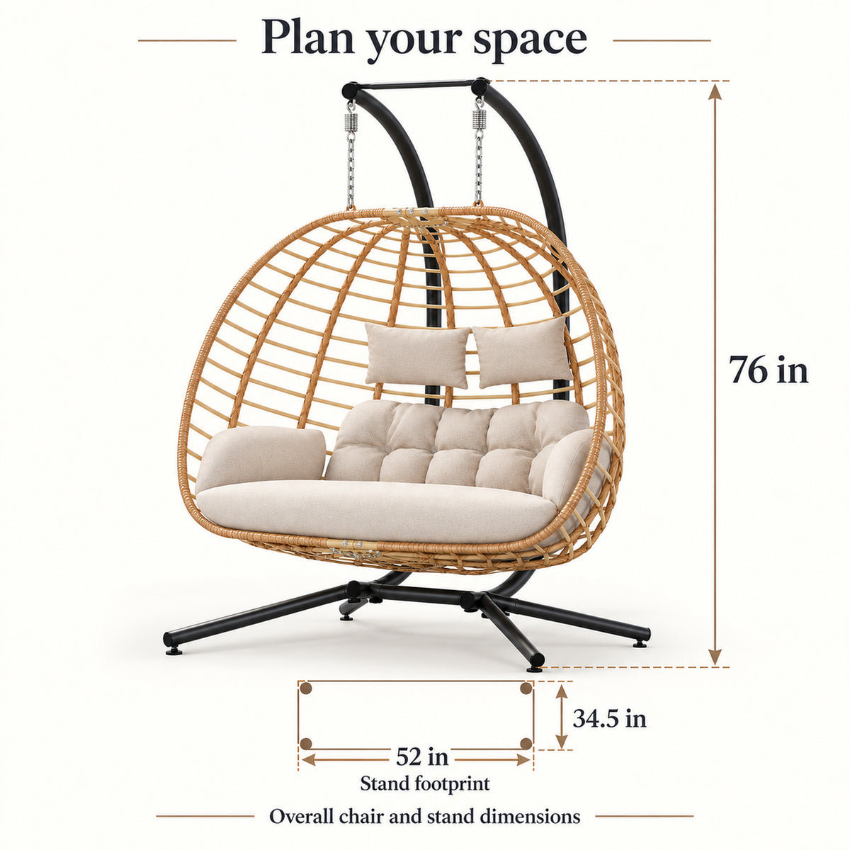 Beige Double Hanging Egg Chair with Stand and Cushions