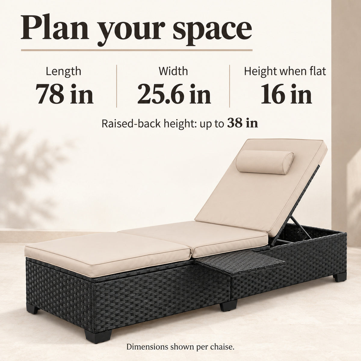 Black Wicker Chaise Lounges with Khaki Cushions, Set of 2