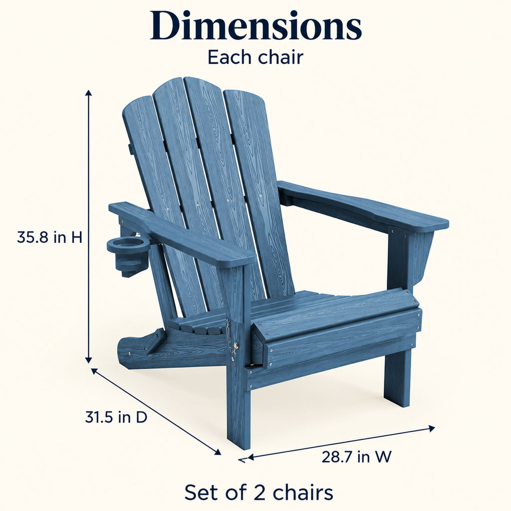 Navy Folding Adirondack Chairs with Cup Holders, Set of 2