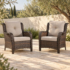 High-Back Wicker Patio Chairs with Beige Cushions, Set of 2