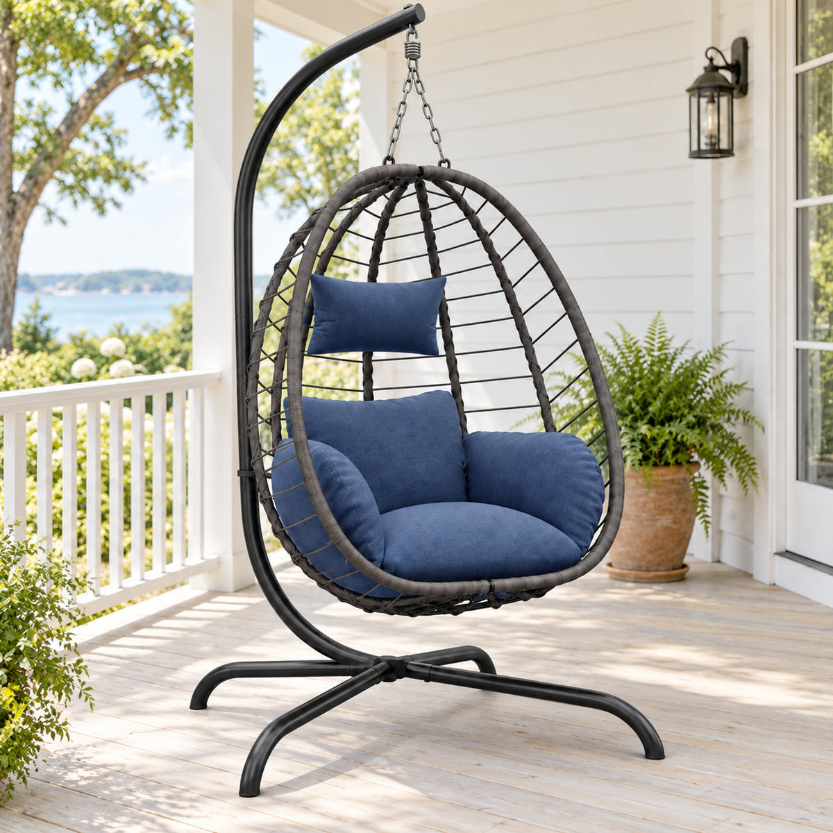 Blue-Cushion Folding Egg Chair with Stand