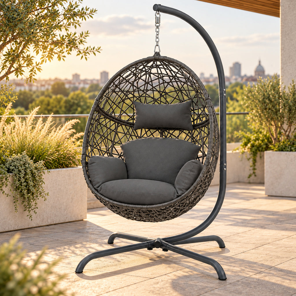 Dark Gray Woven Egg Chair with Stand and Cushion