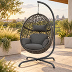 Dark Gray Woven Egg Chair with Stand and Cushion
