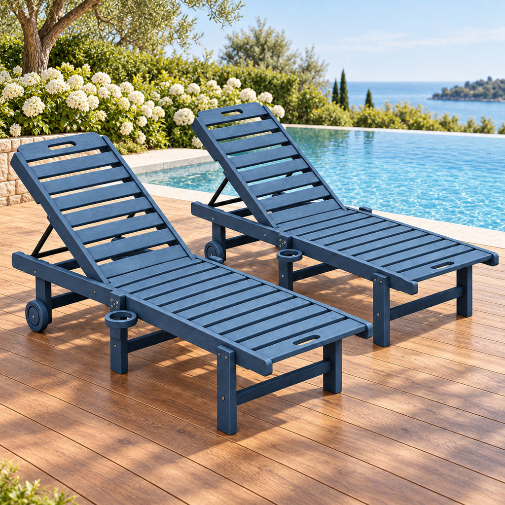Navy HDPE Chaise Lounges with Wheels and Cup Holders, Set of 2