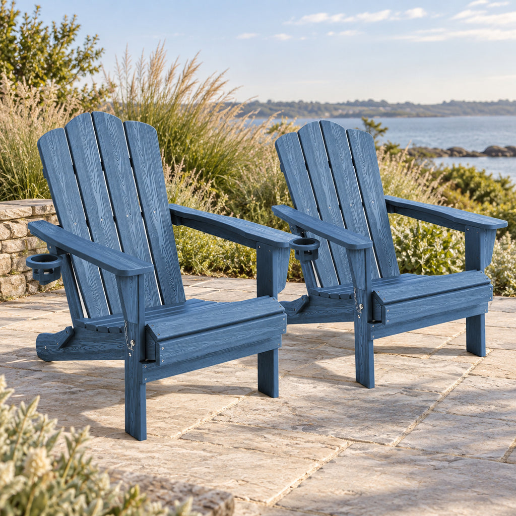 Navy Folding Adirondack Chairs with Cup Holders, Set of 2
