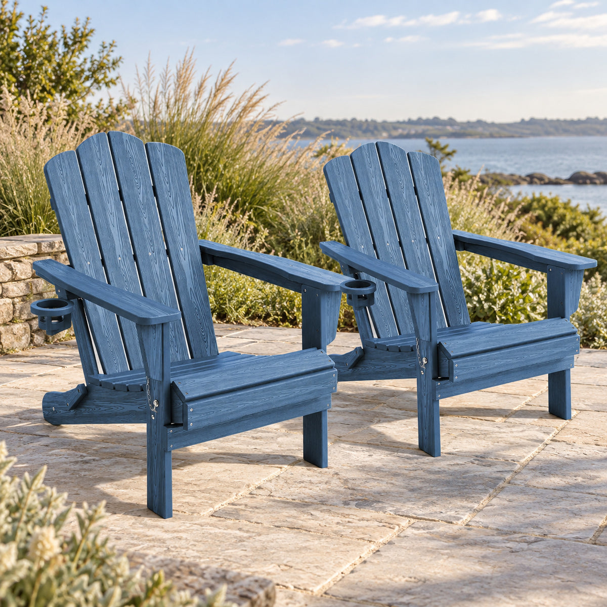 Navy Folding Adirondack Chairs with Cup Holders, Set of 2
