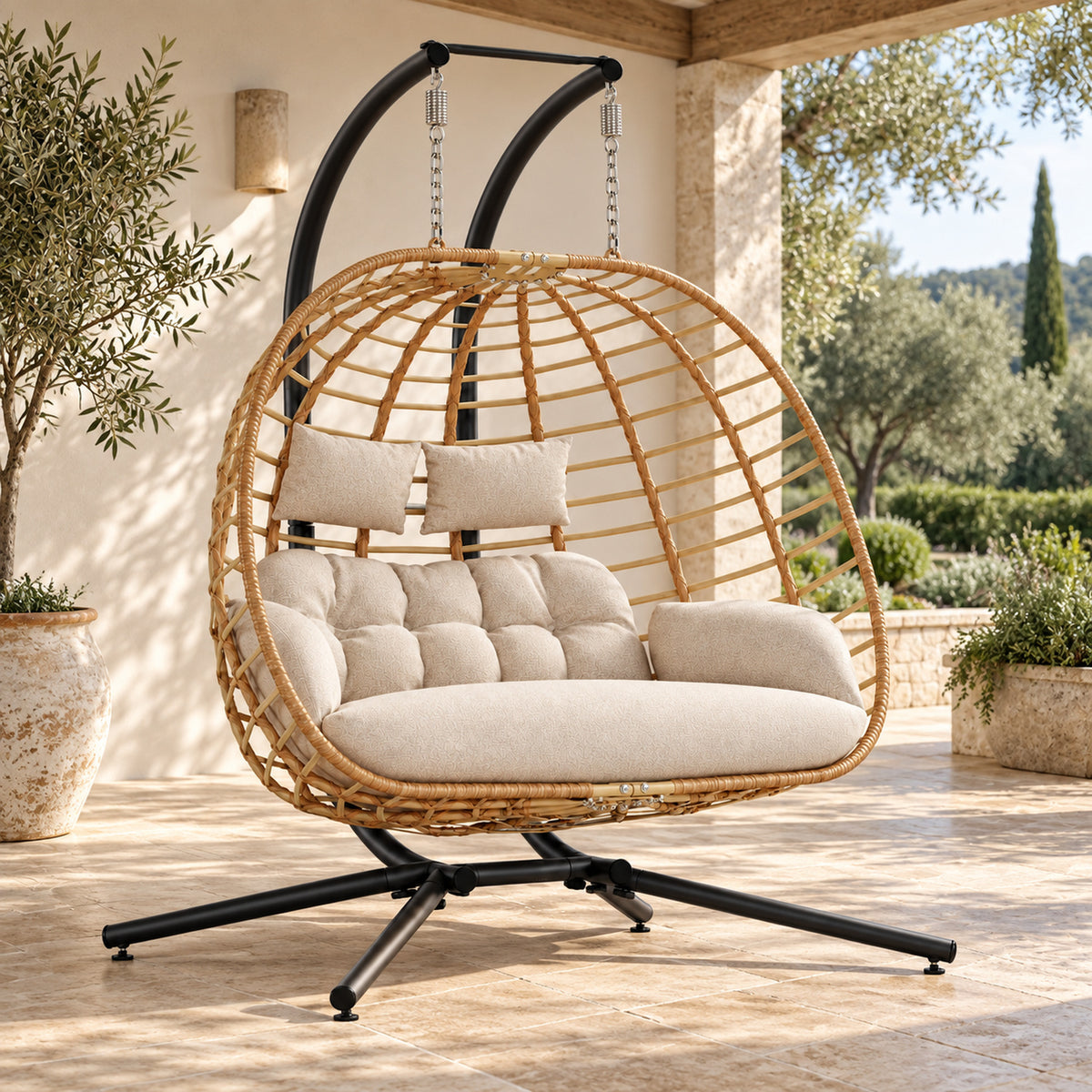 Beige Double Hanging Egg Chair with Stand and Cushions