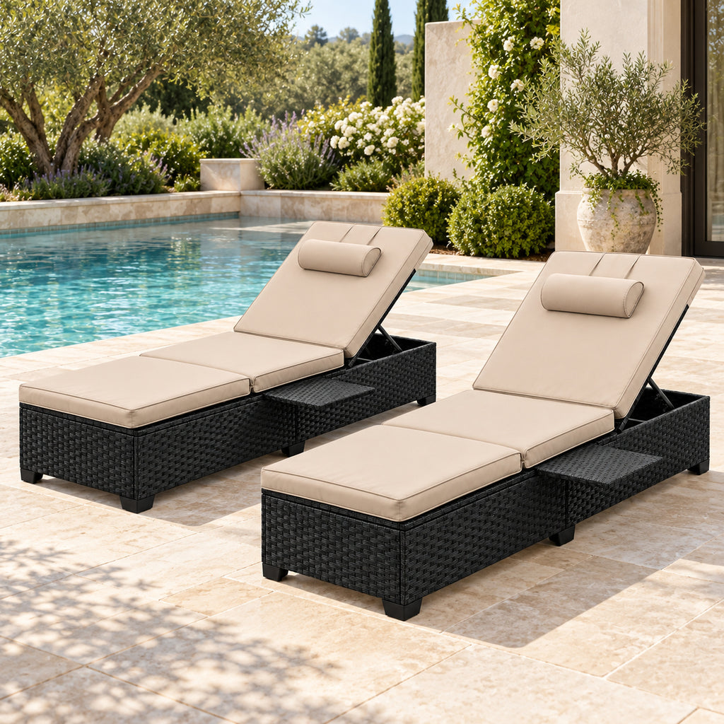 Black Wicker Chaise Lounges with Khaki Cushions, Set of 2