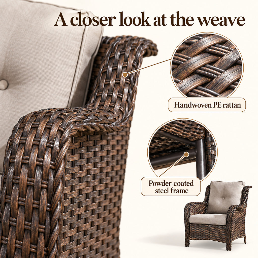 High-Back Wicker Patio Chairs with Beige Cushions, Set of 2