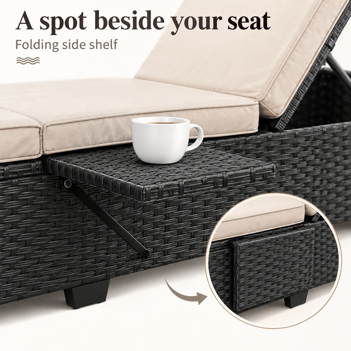 Black Wicker Chaise Lounges with Khaki Cushions, Set of 2