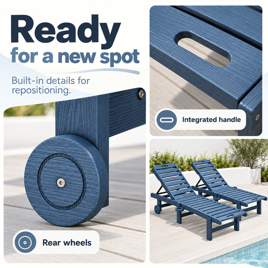 Navy HDPE Chaise Lounges with Wheels and Cup Holders, Set of 2