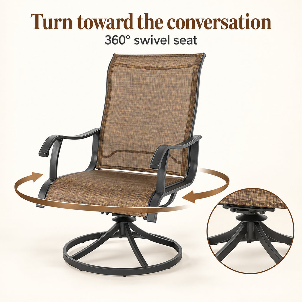 Brown Textilene Swivel Patio Chairs, Set of 2