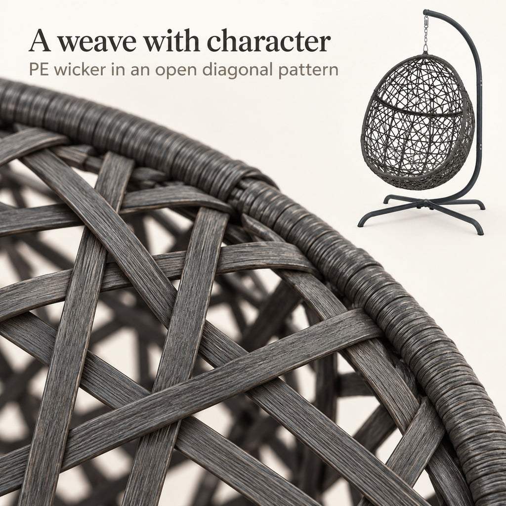 Dark Gray Woven Egg Chair with Stand and Cushion