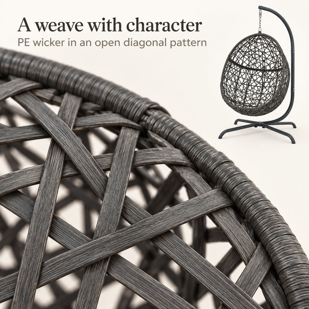 Dark Gray Woven Egg Chair with Stand and Cushion